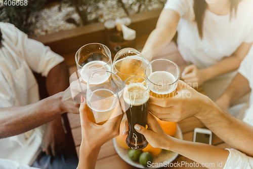 Image of Young group of friends drinking beer and celebrating together