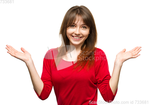 Image of Portrait of a young woman raised her hands up