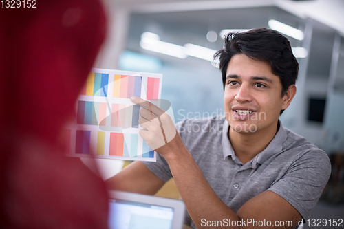 Image of black muslim business woman having a meeting with her indian mal