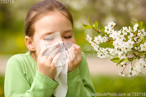 Image of Little girl is blowing her nose