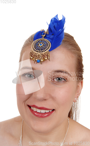 Image of Classy beautiful woman with head yewllerie and feeder