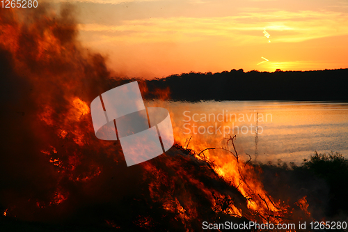 Image of Outdoor fire nearby a lake in the summer in Denmark