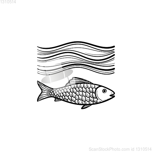 Image of Fish under sea wave hand drawn sketch icon.
