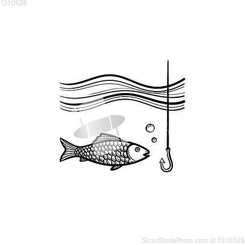 Image of Fish with hook hand drawn sketch icon.