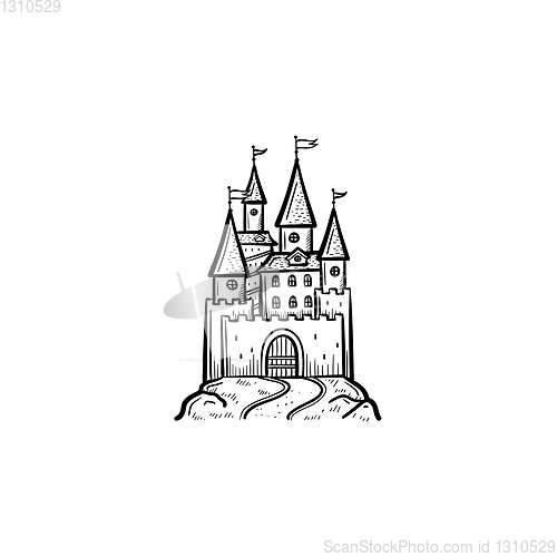 Image of Fairytale castle hand drawn sketch icon.