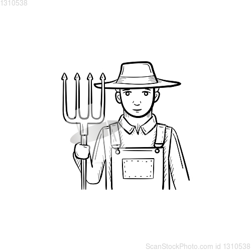 Image of Farmer with pitchfork hand drawn sketch icon.