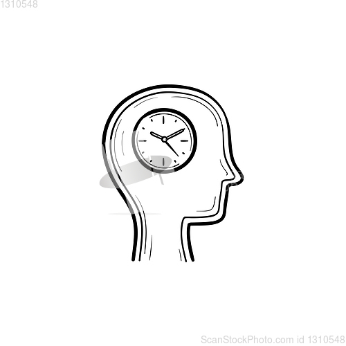 Image of Clock in the head hand drawn sketch icon.