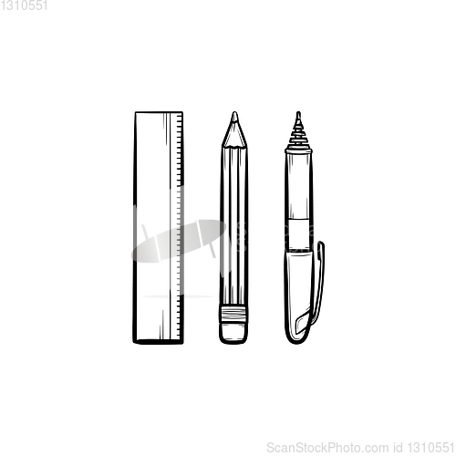 Image of Stationery ruler and pencil hand drawn sketch icon