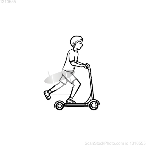 Image of Boy riding a kick scooter hand drawn sketch icon.