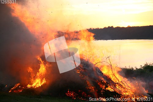 Image of Outdoor fire nearby a lake in the summer in Denmark