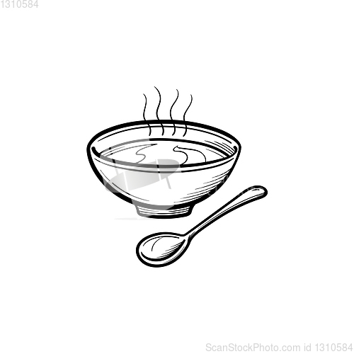 Image of Bowl of soup with spoon hand drawn sketch icon.