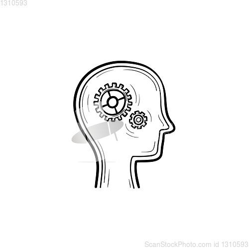 Image of Brain with gears hand drawn sketch icon.