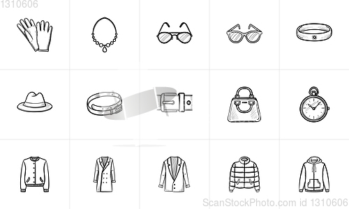 Image of Clothing and accessory sketch icon set.