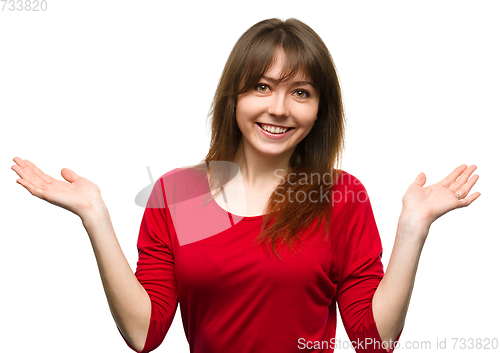 Image of Portrait of a young woman raised her hands up