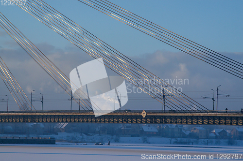 Image of Suspension bridge in winter season, Riga.
