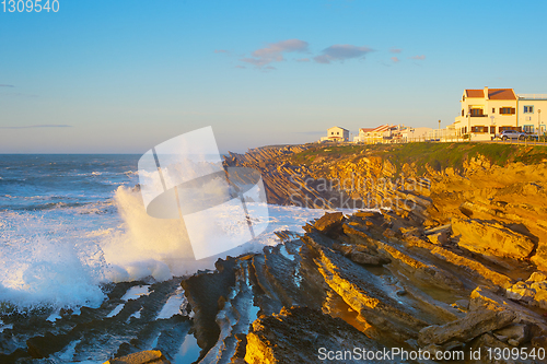 Image of Rock ocean wave town Portugal