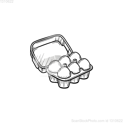 Image of Eggs in carton pack hand drawn sketch icon.