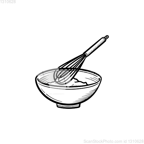 Image of Mixing bowl with wire whisk hand drawn sketch icon