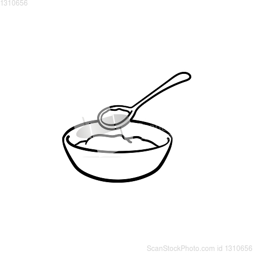 Image of Baby bowl and spoon hand drawn outline doodle icon.