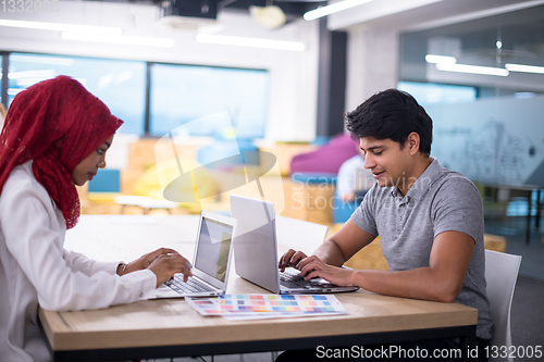 Image of black muslim business woman having a meeting with her indian mal
