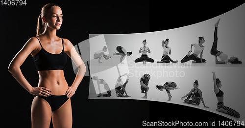 Image of Muscular young woman athlete on black, creative collage