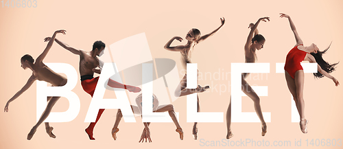 Image of Young graceful female and male ballet dancers, creative collage