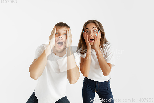 Image of Portrait of beautiful couple isolated on white studio background