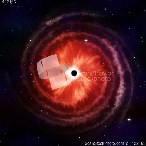 Image of red spiral galaxy with black hole