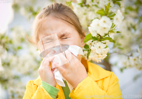 Image of Little girl is blowing her nose