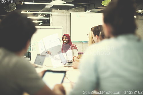 Image of Muslim businesswoman giving presentations at office