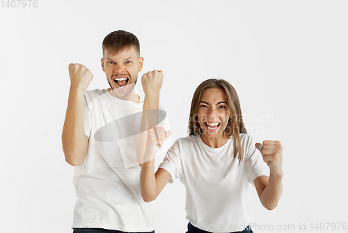 Image of Portrait of beautiful couple isolated on white studio background