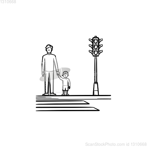 Image of Child and parent crossing a sidewalk sketch icon.