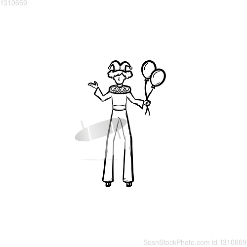 Image of Clown on stilts hand drawn sketch icon.