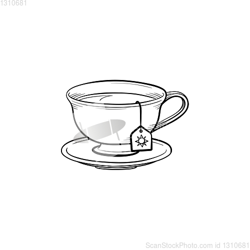 Image of Cup with tea bag hand drawn sketch icon.