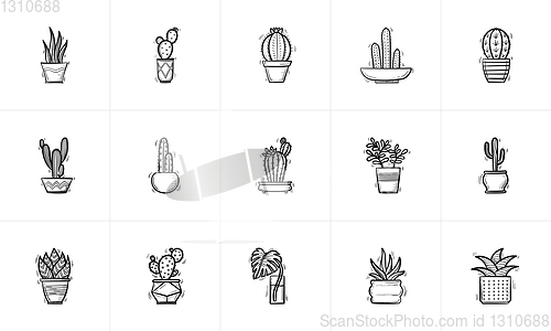 Image of House potted plants and flowers sketch icon set.