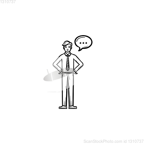 Image of A man with a speach square hand drawn sketch icon.