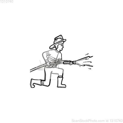 Image of Fireman spraying water hand drawn sketch icon.