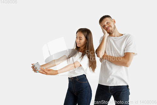 Image of Portrait of beautiful couple isolated on white studio background