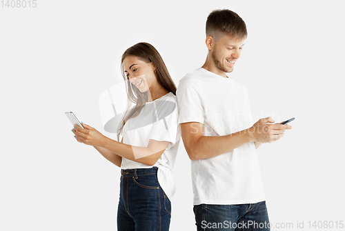 Image of Portrait of beautiful couple isolated on white studio background