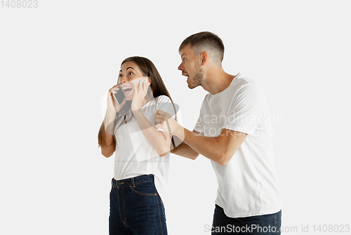 Image of Portrait of beautiful couple isolated on white studio background