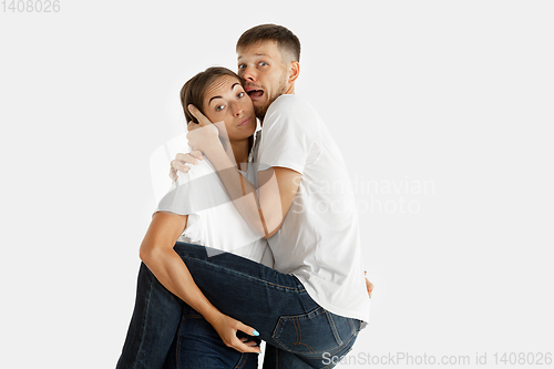 Image of Portrait of beautiful couple isolated on white studio background