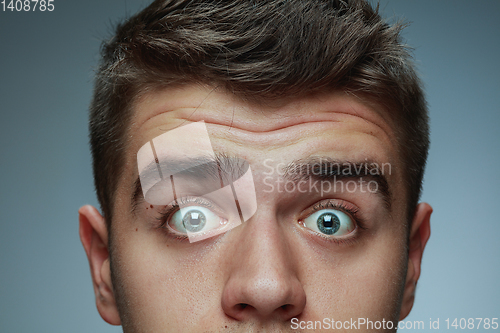 Image of Close-up portrait of young man isolated on grey studio background