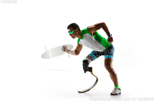 Image of Athlete disabled amputee isolated on white studio background