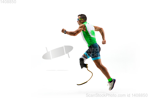 Image of Athlete disabled amputee isolated on white studio background