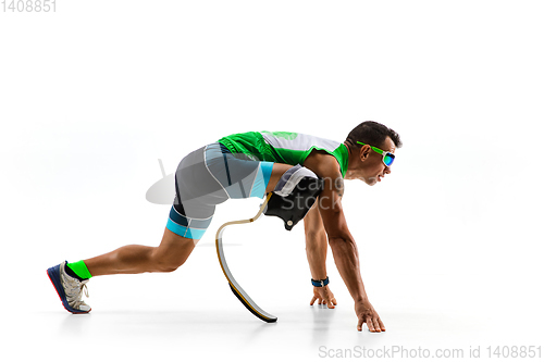 Image of Athlete disabled amputee isolated on white studio background