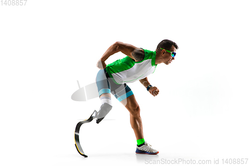 Image of Athlete disabled amputee isolated on white studio background