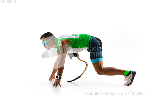 Image of Athlete disabled amputee isolated on white studio background