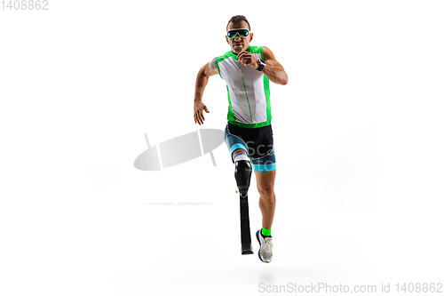 Image of Athlete disabled amputee isolated on white studio background