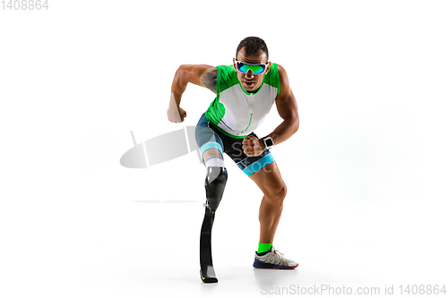 Image of Athlete disabled amputee isolated on white studio background