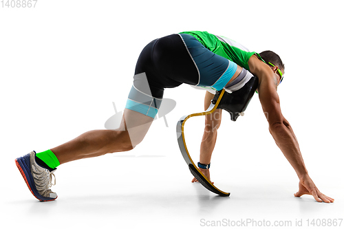 Image of Athlete disabled amputee isolated on white studio background